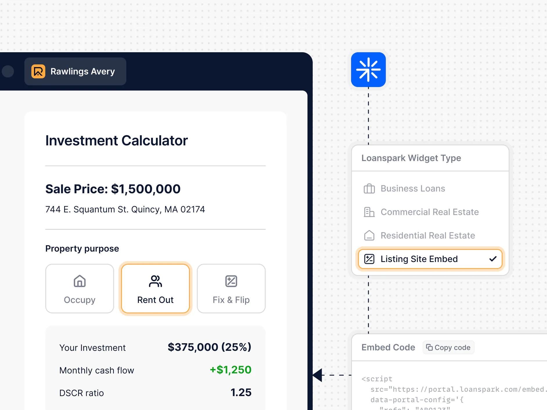 Investment calculator interface showing a $1,500,000 sale price for property at 744 E. Squantum St., Quincy, MA, with rent out selected and investment details including $375,000 investment, $1,250 monthly cash flow, and 1.25 DSCR ratio.