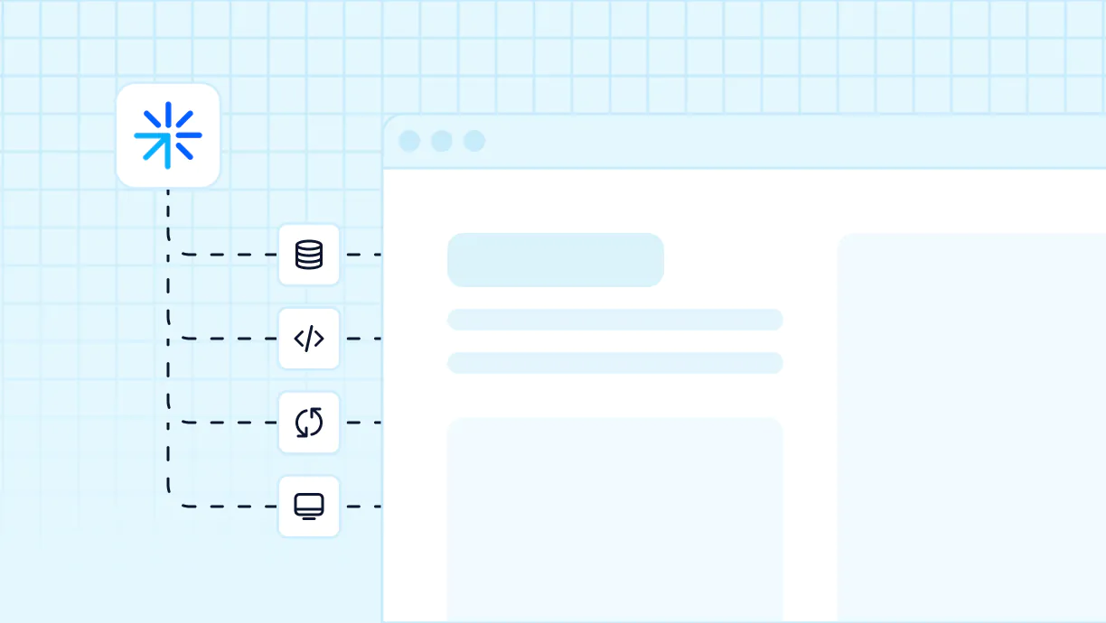 Diagram showing a software icon connected by dotted lines to database, code, sync, and computer screen icons, next to a simplified web browser window on a grid background.