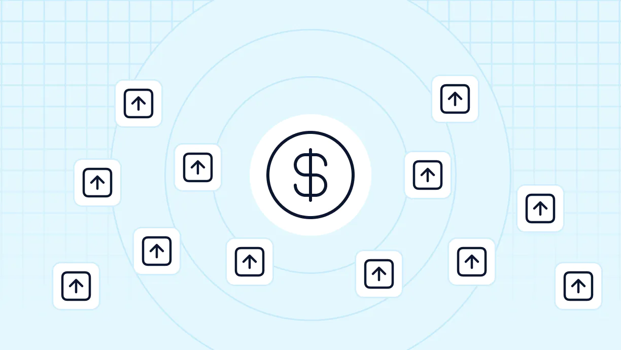 Graphic of a central dollar symbol surrounded by upward arrow icons on a blue grid background, symbolizing financial growth or loan monetization.