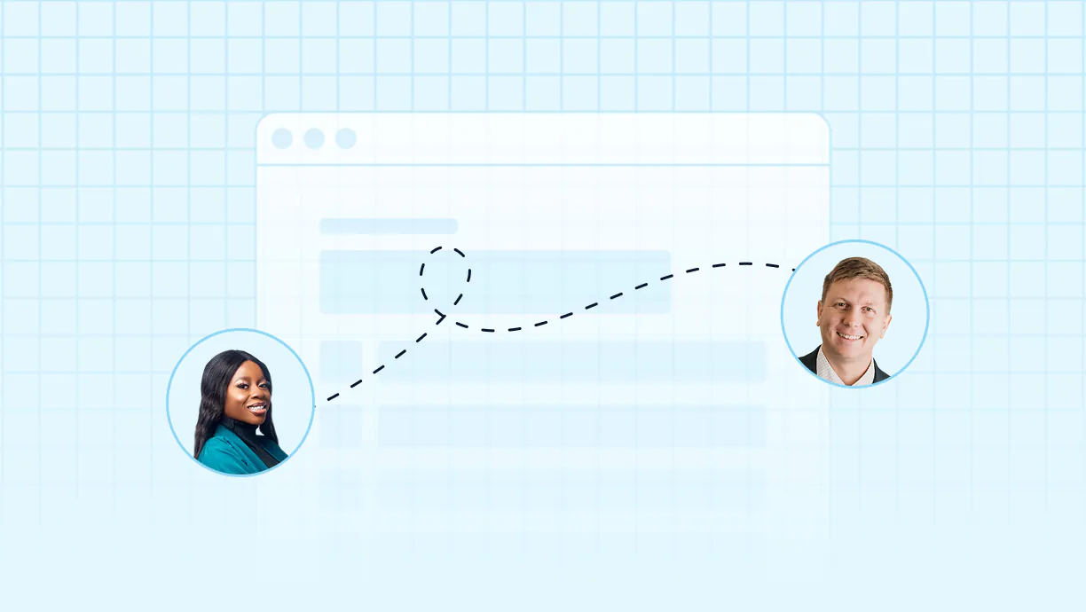 Illustration of a man and a woman connected by a dashed line over a faint web interface background.