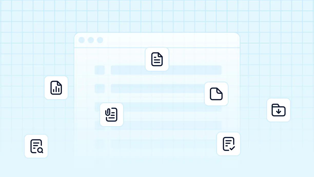 Digital interface with floating icons representing documents, files, and folders with download and checkmark symbols on a light blue grid background.