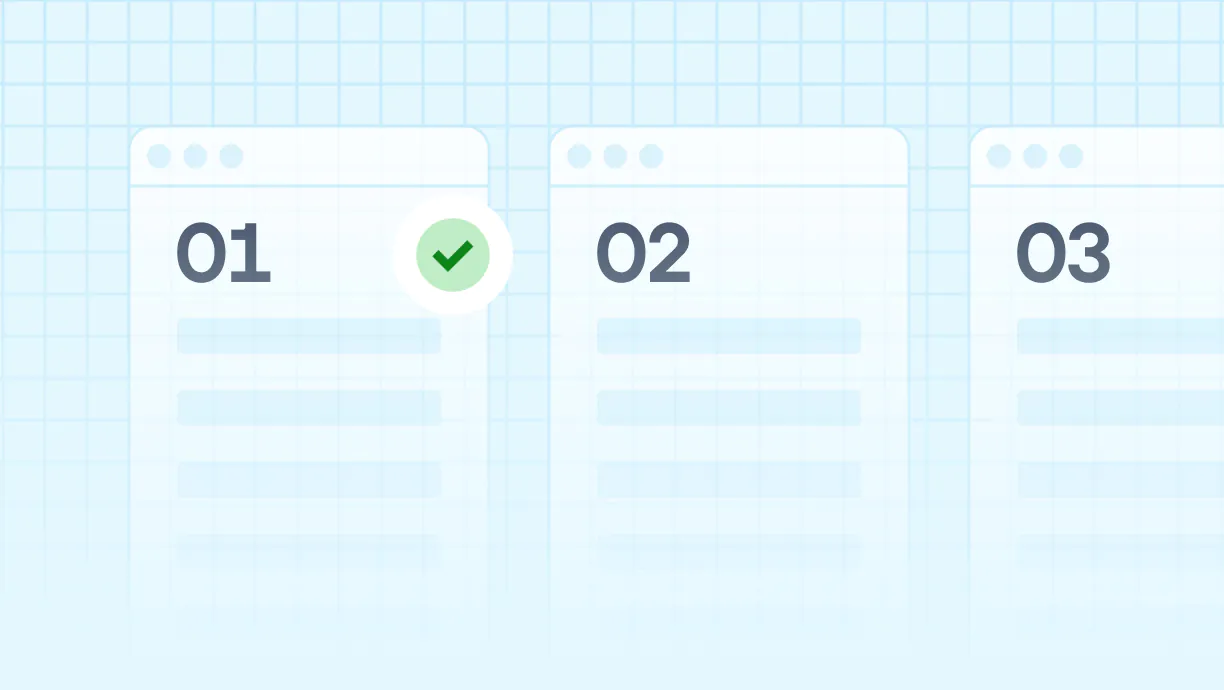 Three vertical browser window outlines labeled 01, 02, and 03 with a green checkmark next to 01, indicating selection or completion.
