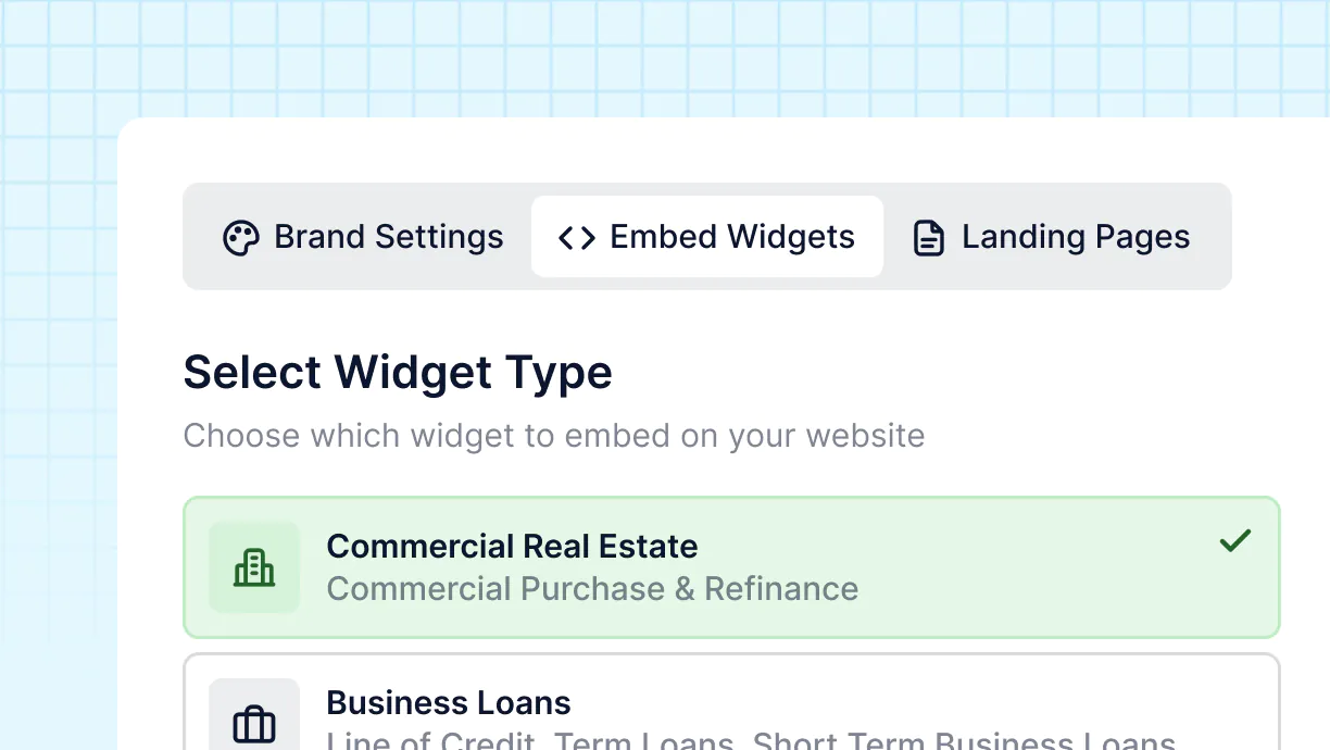 Widget selection interface with tabs Brand Settings, Embed Widgets selected, and Landing Pages, showing selectable widget types including Commercial Real Estate and Business Loans.