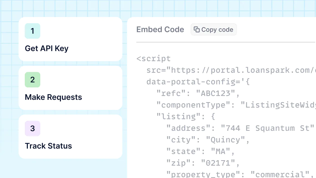 Three-step API process for embedding code: 1. Get API Key, 2. Make Requests, 3. Track Status, with example script code snippet on the right.