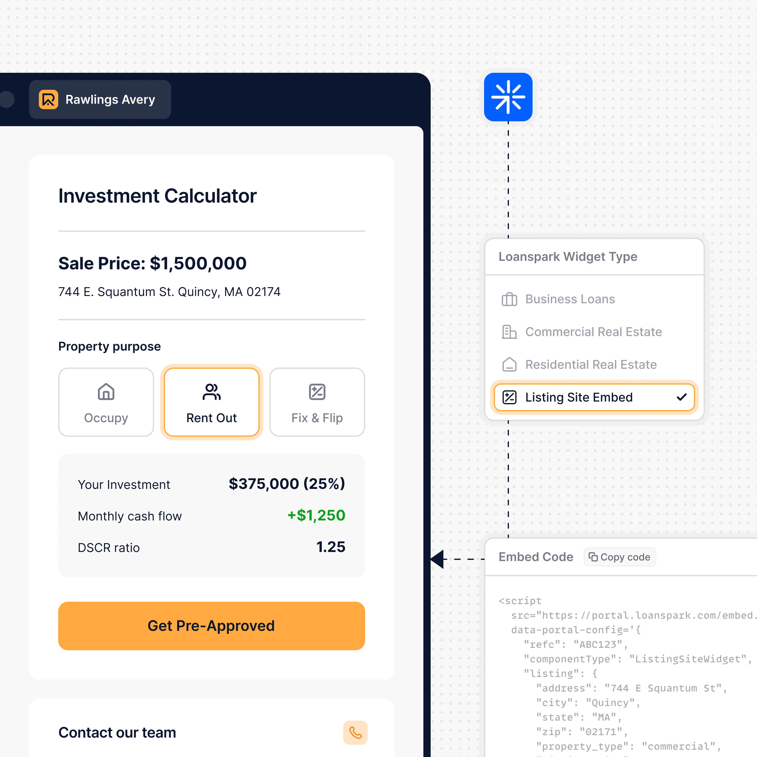 Investment calculator showing sale price of $1,500,000 at 744 E. Squantum St., Quincy, MA with rent out selected, investment of $375,000, monthly cash flow of +$1,250, and DSCR ratio of 1.25, alongside Loanspark widget type set to Listing Site Embed and embed code snippet visible.