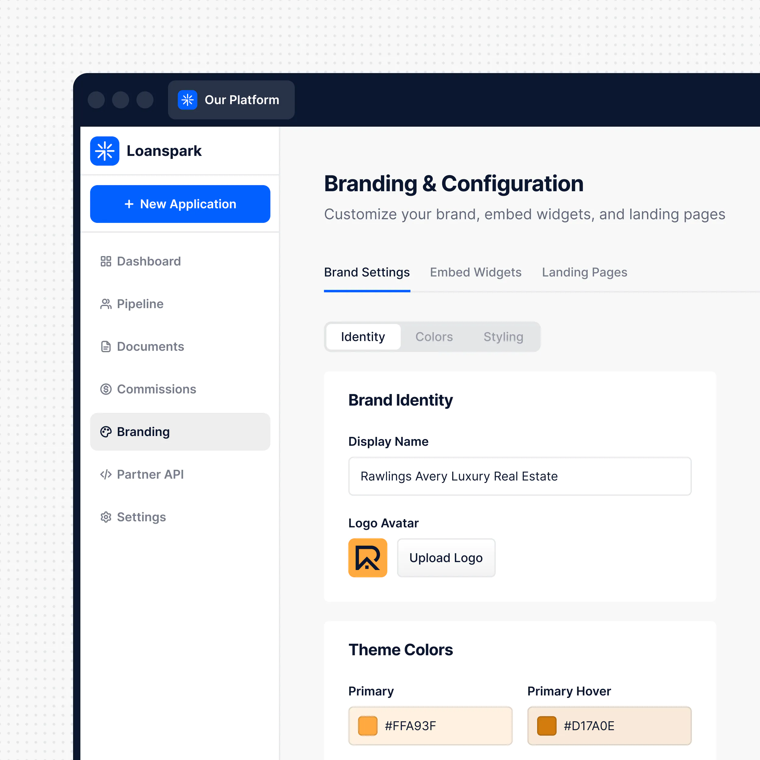 User interface of Loanspark branding and configuration settings showing brand identity with display name Rawlings Avery Luxury Real Estate, logo avatar, and theme colors with hex codes #FFA93F and #D17A0E.