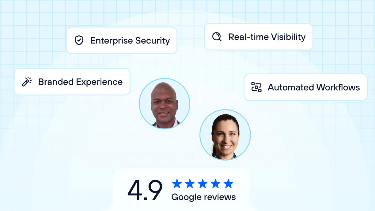 Graphic showing a 4.9 star Google reviews rating with icons and text for Enterprise Security, Real-time Visibility, Branded Experience, and Automated Workflows, alongside two profile photos.