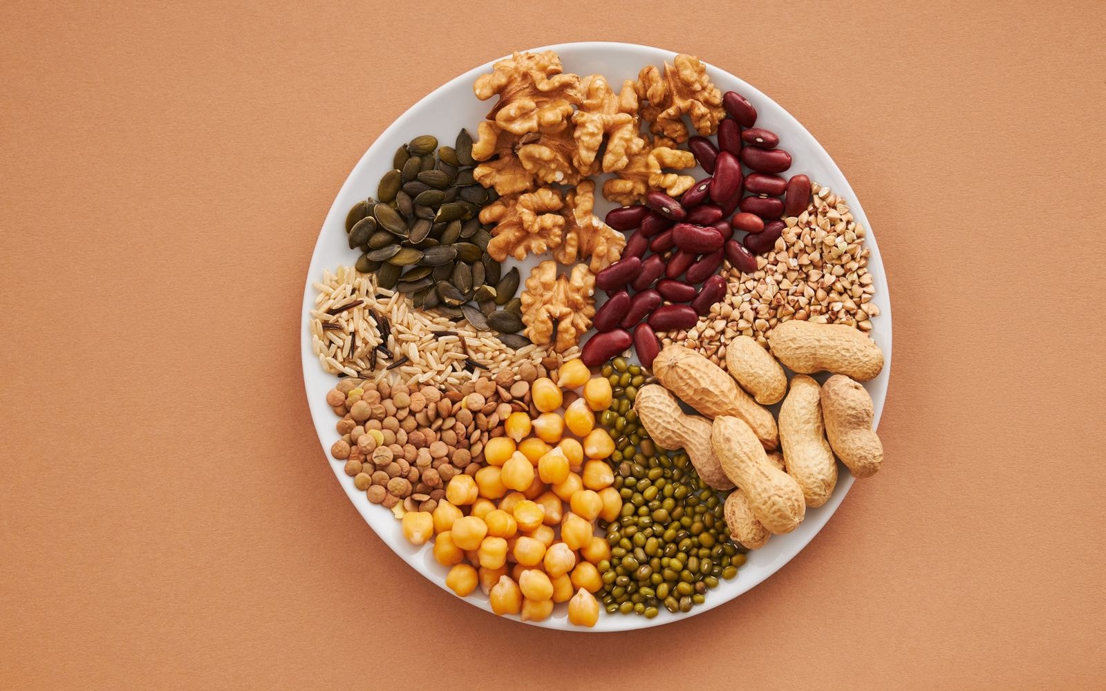 A white plate arranged with walnuts, pumpkin seeds, kidney beans, buckwheat, brown rice, lentils, chickpeas, mung beans and peanuts