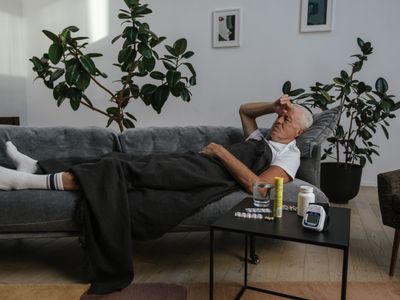 An older man resting on a sofa beside a table holding medication bottles and a blood pressure monitor