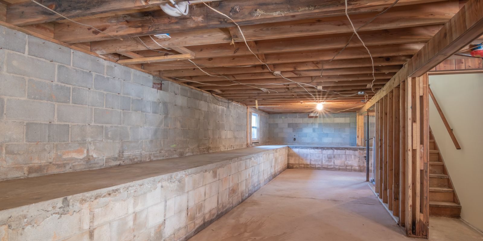 An unfinished basement with concrete block walls and exposed wooden joists
