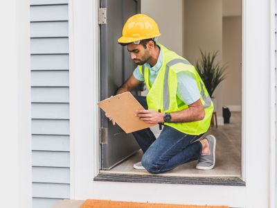 A home inspector in a yellow hard hat kneeling at a doorway with a clipboard