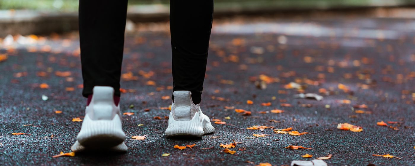 Legs and feet of a person walking a leaf covered path in trainers
