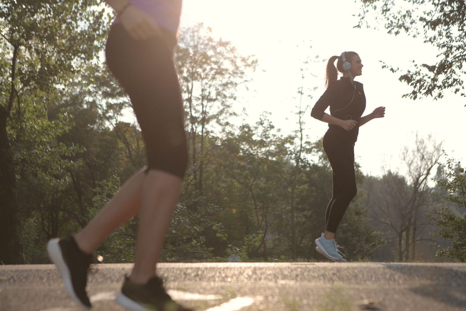 Two people running along a tree lined path in early morning light