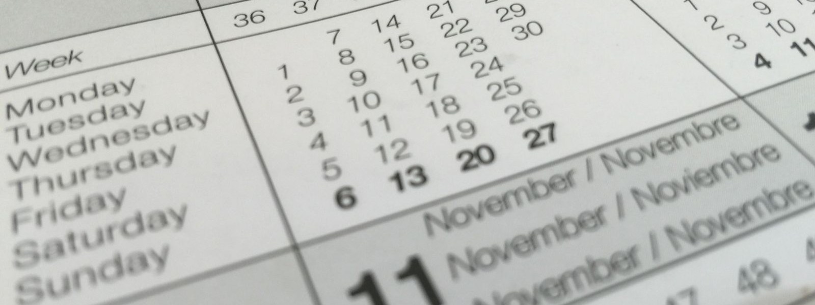 A paper calendar page showing week numbers running across the months