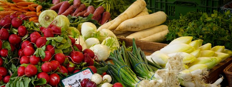 A colorful farmers market display of radishes, root vegetables, celery and leafy greens