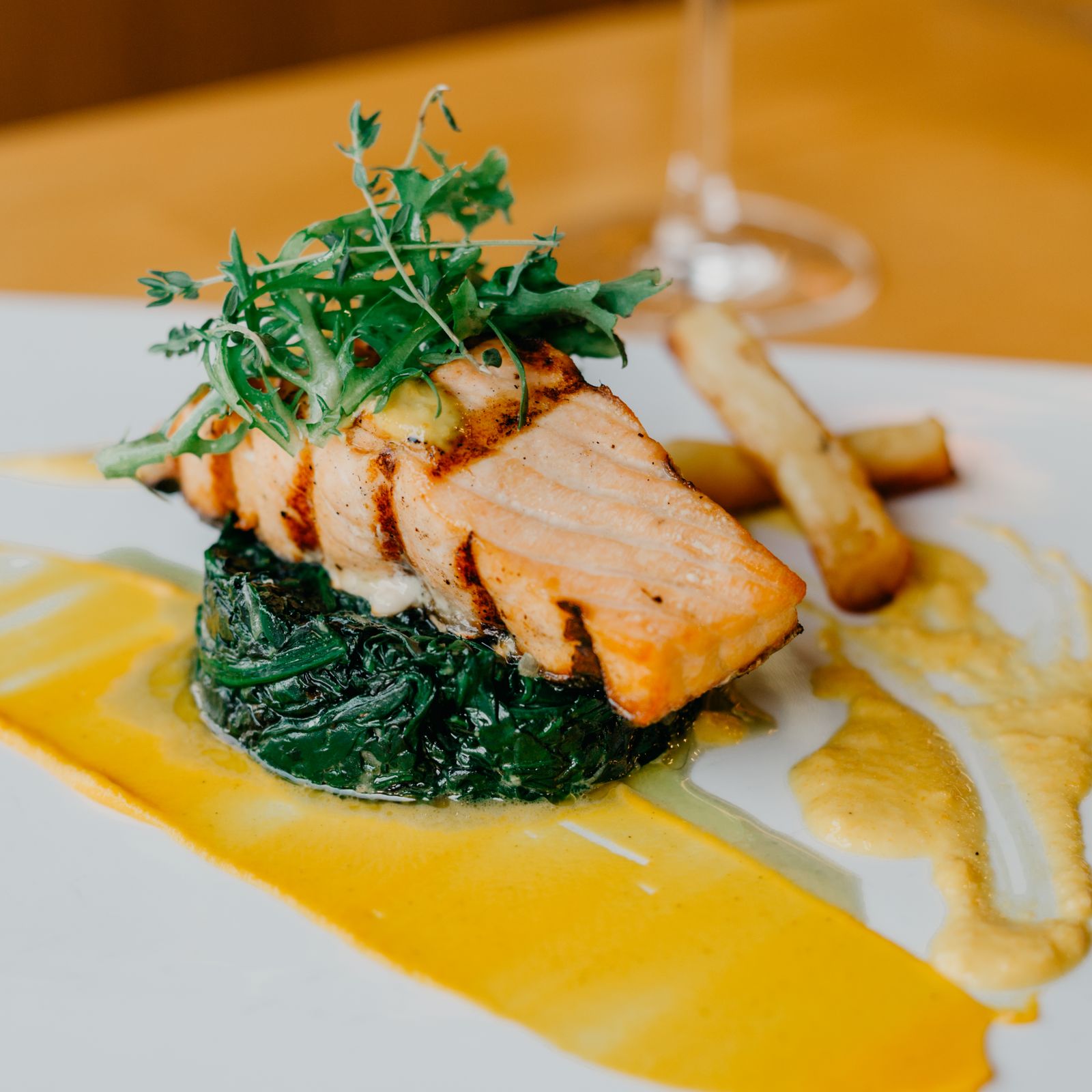 A cooked salmon fillet served on wilted spinach on a white plate