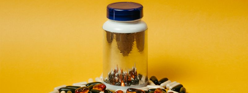 A supplement bottle surrounded by amber and dark capsules
