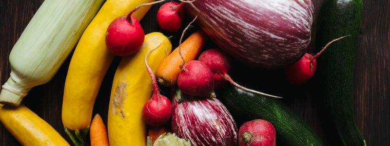 A colorful spread of fresh vegetables including radishes, carrots and squash on a dark table