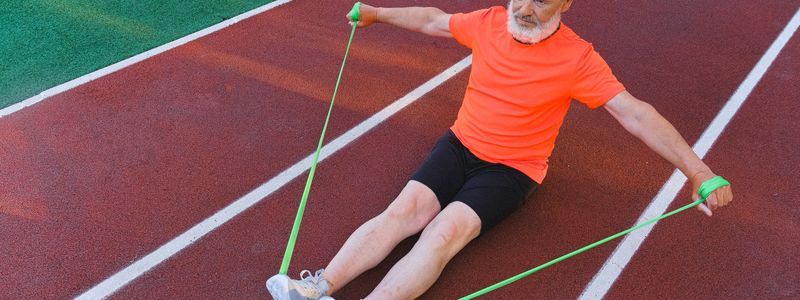 An older man on a running track doing a seated row with a green resistance band