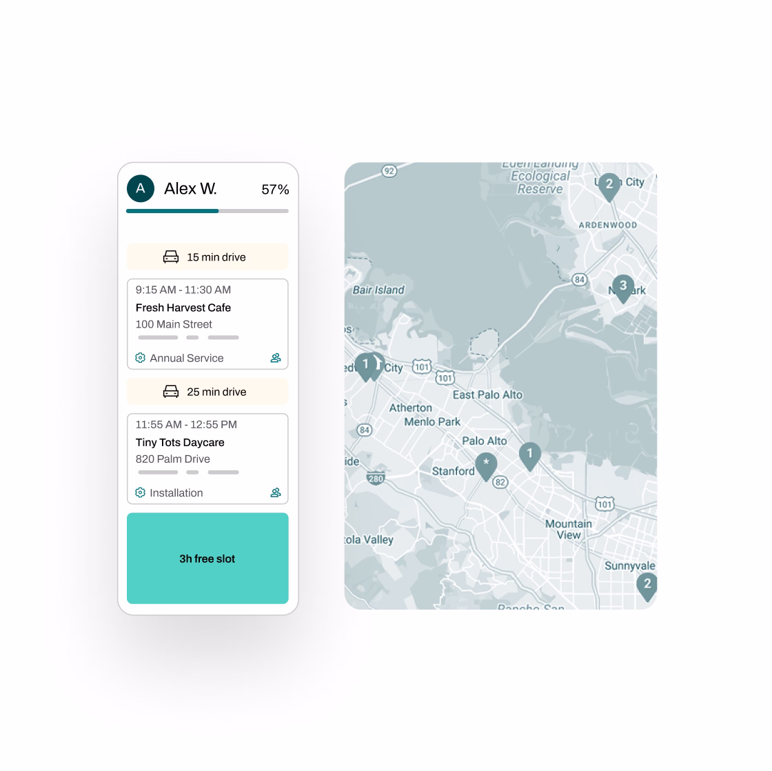 Smartphone screen displaying a 'My Visits' app with scheduled service calls for December 31, 2025, including locations and times.