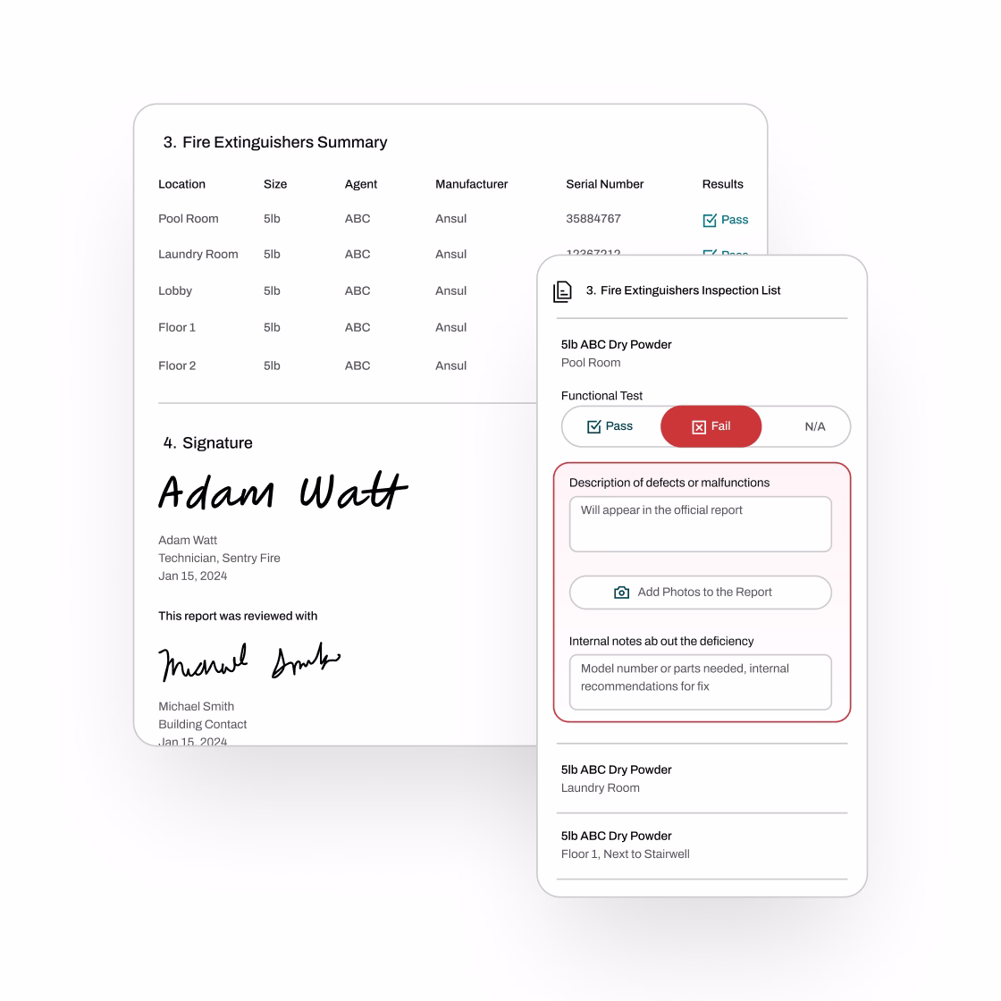 Digital fire extinguisher inspection report showing location, size, agent, manufacturer, serial number, results, signatures, and defect notes on mobile and desktop views.