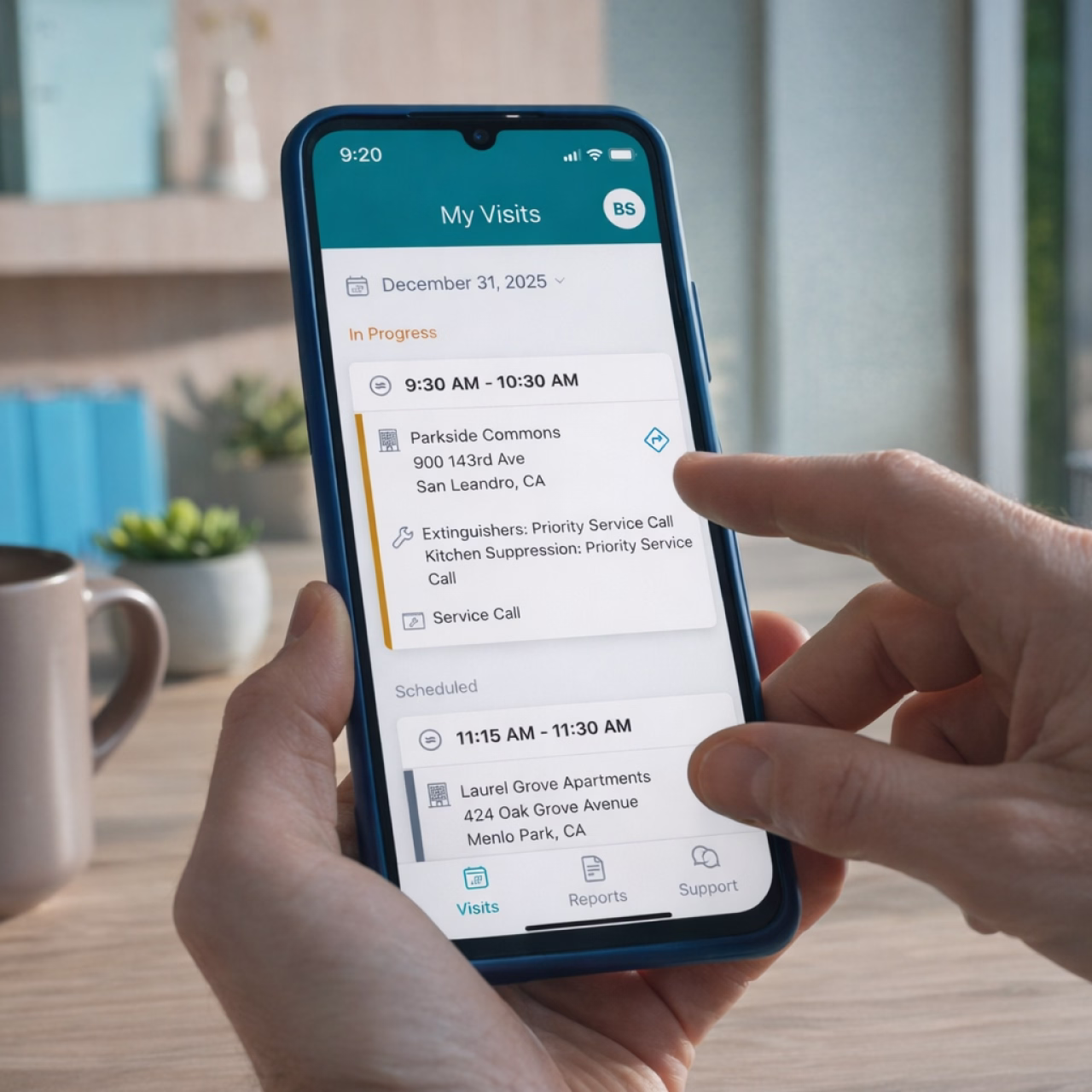 Smartphone screen displaying a 'My Visits' app with scheduled service calls for December 31, 2025, including locations and times.