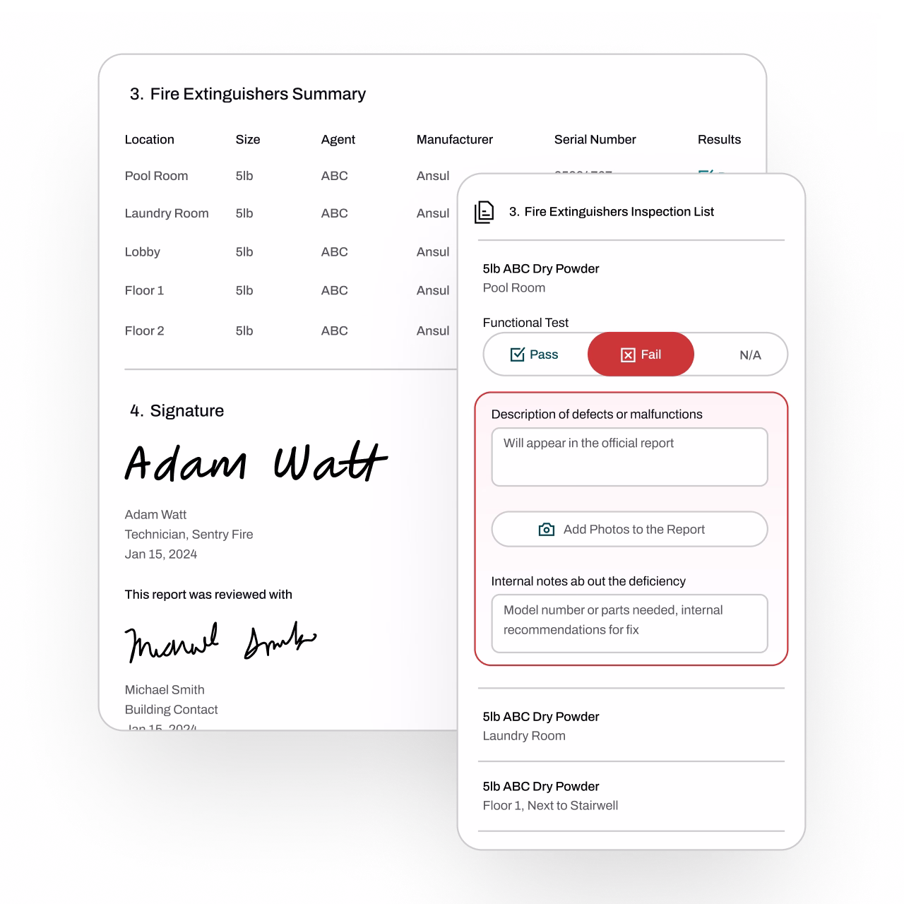 Digital fire extinguisher inspection summary and signature screen showing locations, sizes, agents, manufacturers, and inspection results with pass/fail options and fields for defect descriptions and internal notes.