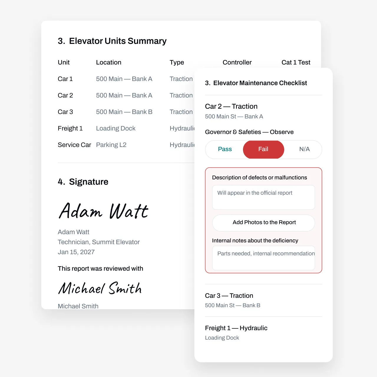 Elevator maintenance report with units summary, signatures, and a mobile checklist showing a failed governor check with deficiency notes
