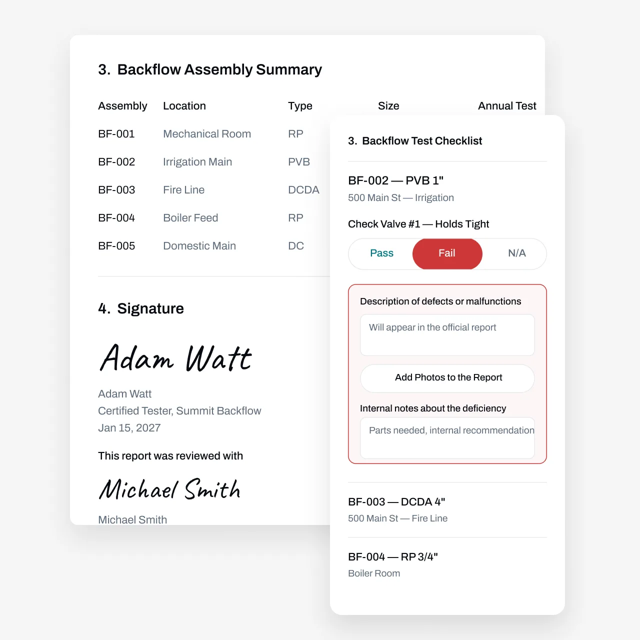 Backflow assembly summary report with test checklist and signatures in Essential