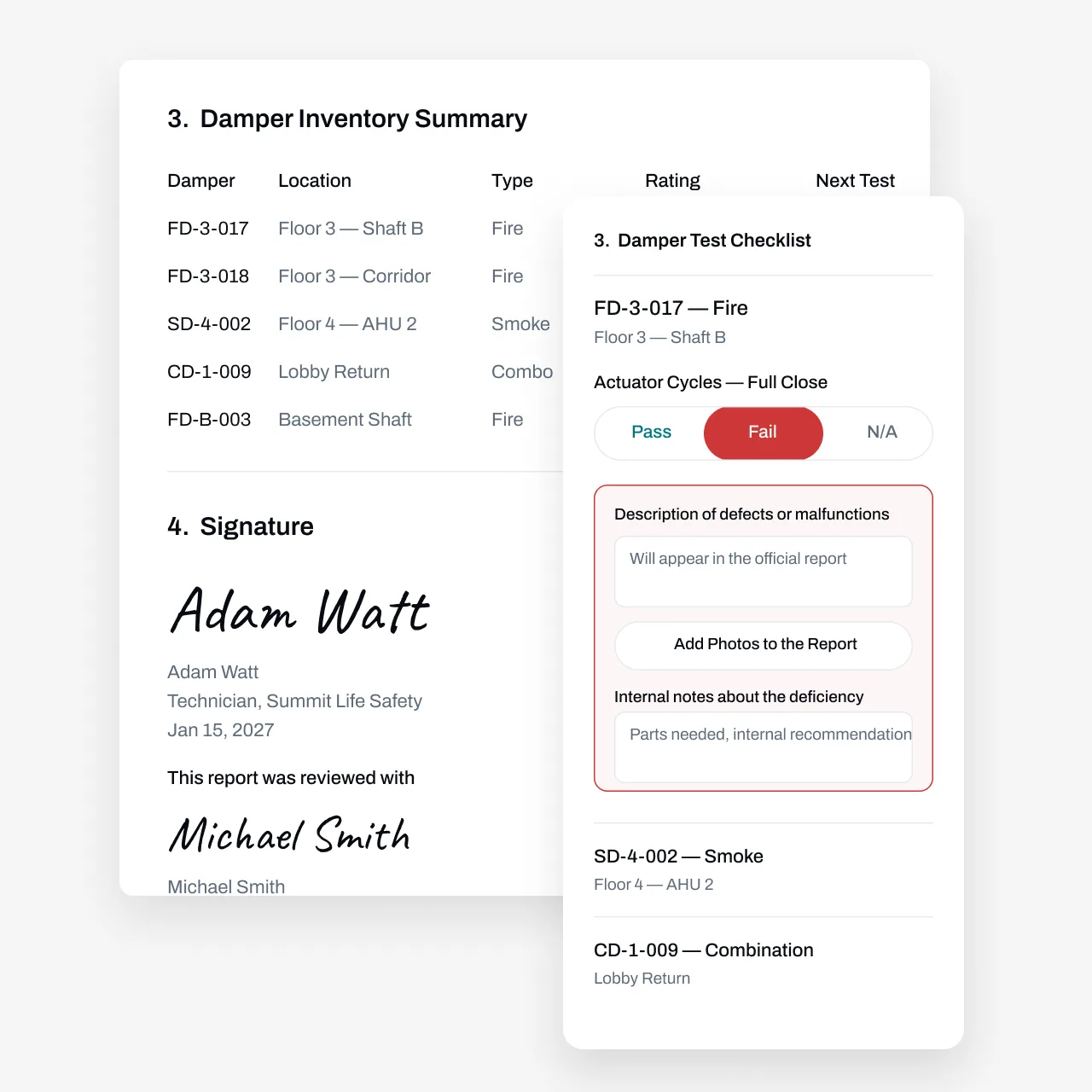 Damper inventory summary with test checklist and signatures in Essential