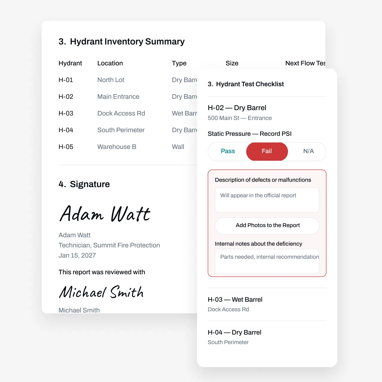 Hydrant inventory summary with test checklist and signatures in Essential