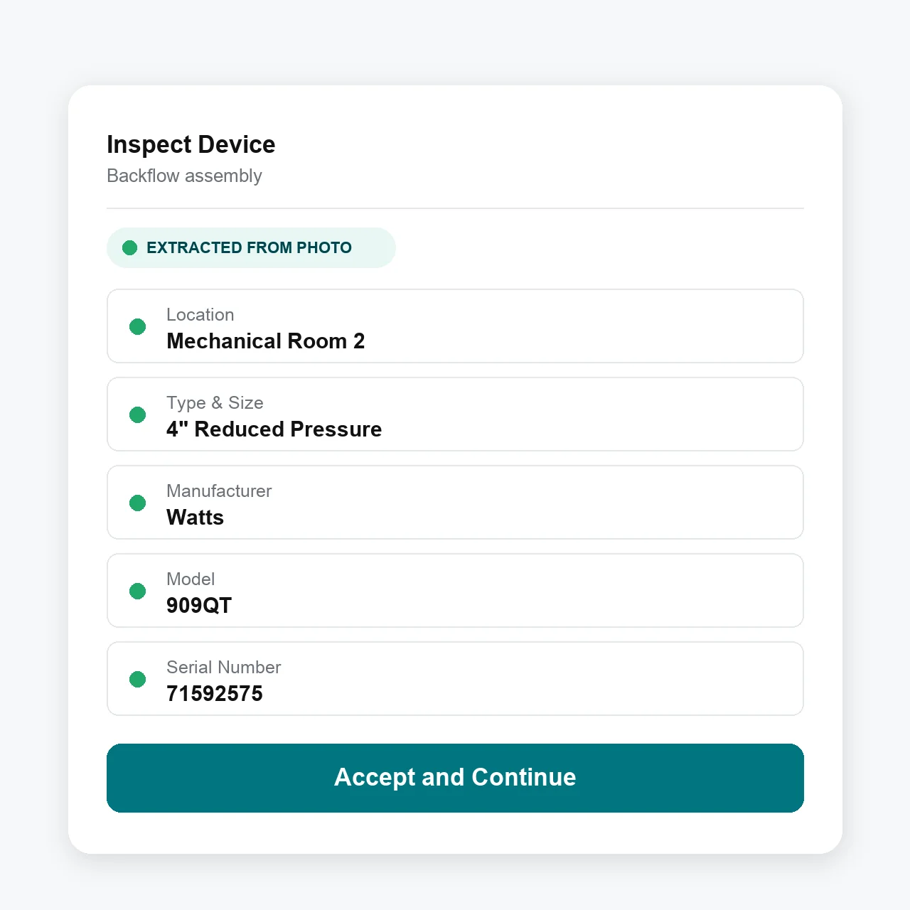 Backflow assembly record in Essential with location, size, manufacturer, model, and serial number extracted from a field photo