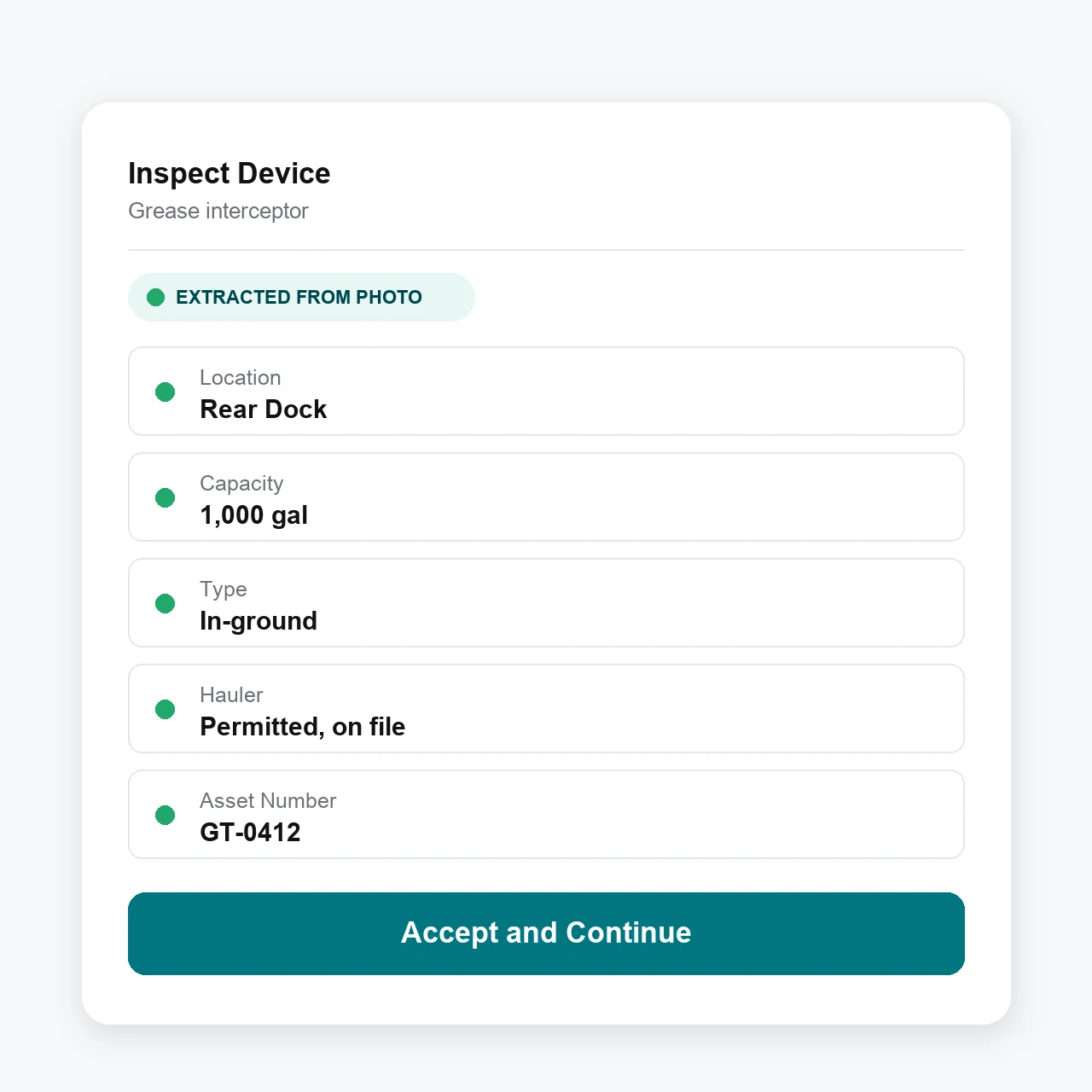 Grease interceptor record in Essential with location, capacity, type, hauler, and asset number extracted from a field photo