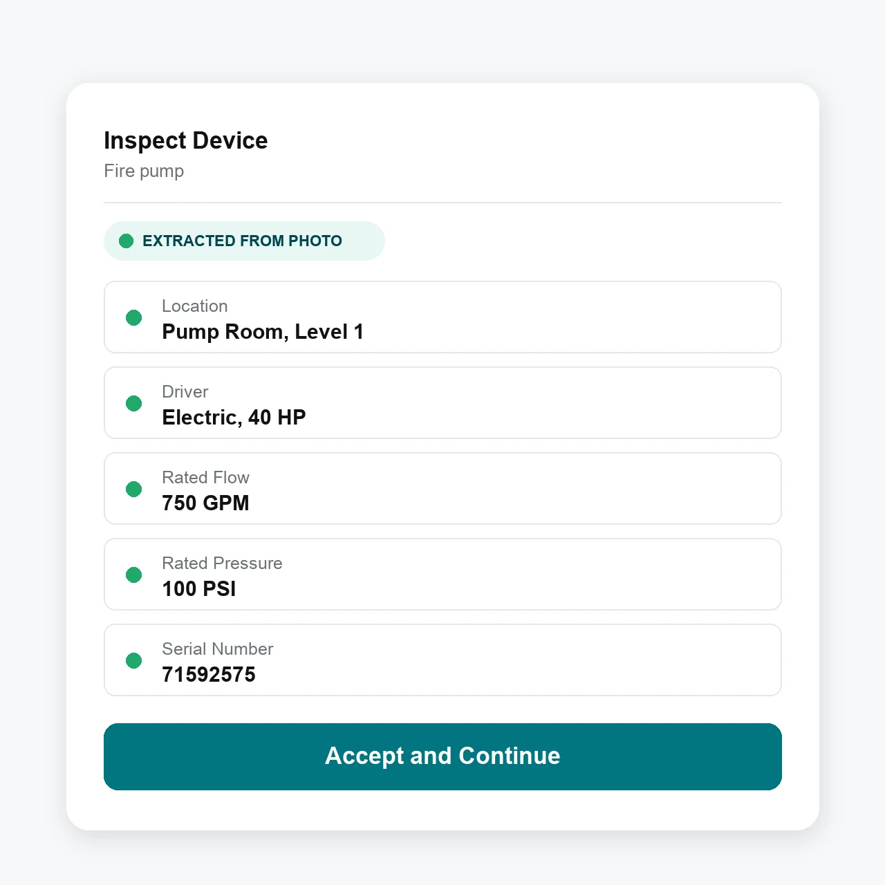 Fire pump record in Essential with location, driver, rated flow, rated pressure, and serial number extracted from a field photo