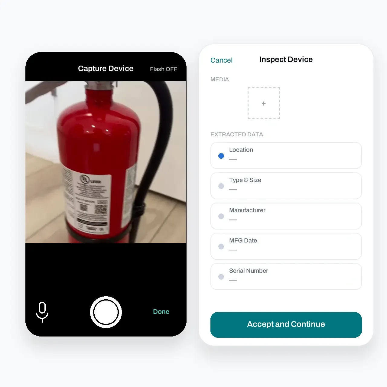 Animated capture flow: technician photographs a fire extinguisher and AI fills in type, manufacturer, date, and serial for review