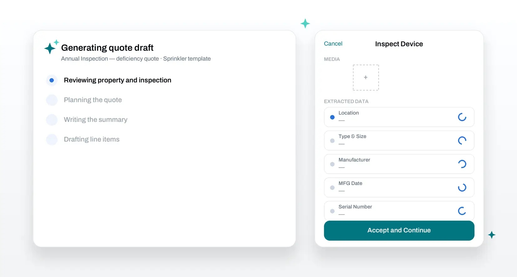 Animated view of Essential AI drafting a quote step by step while extracting fire extinguisher details from technician photos