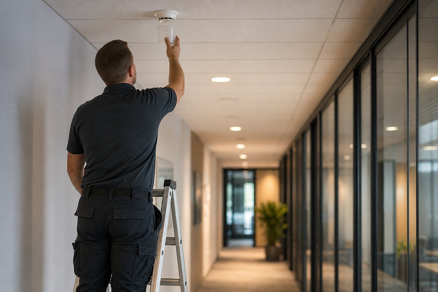 Technician testing a ceiling smoke detector in an office corridor