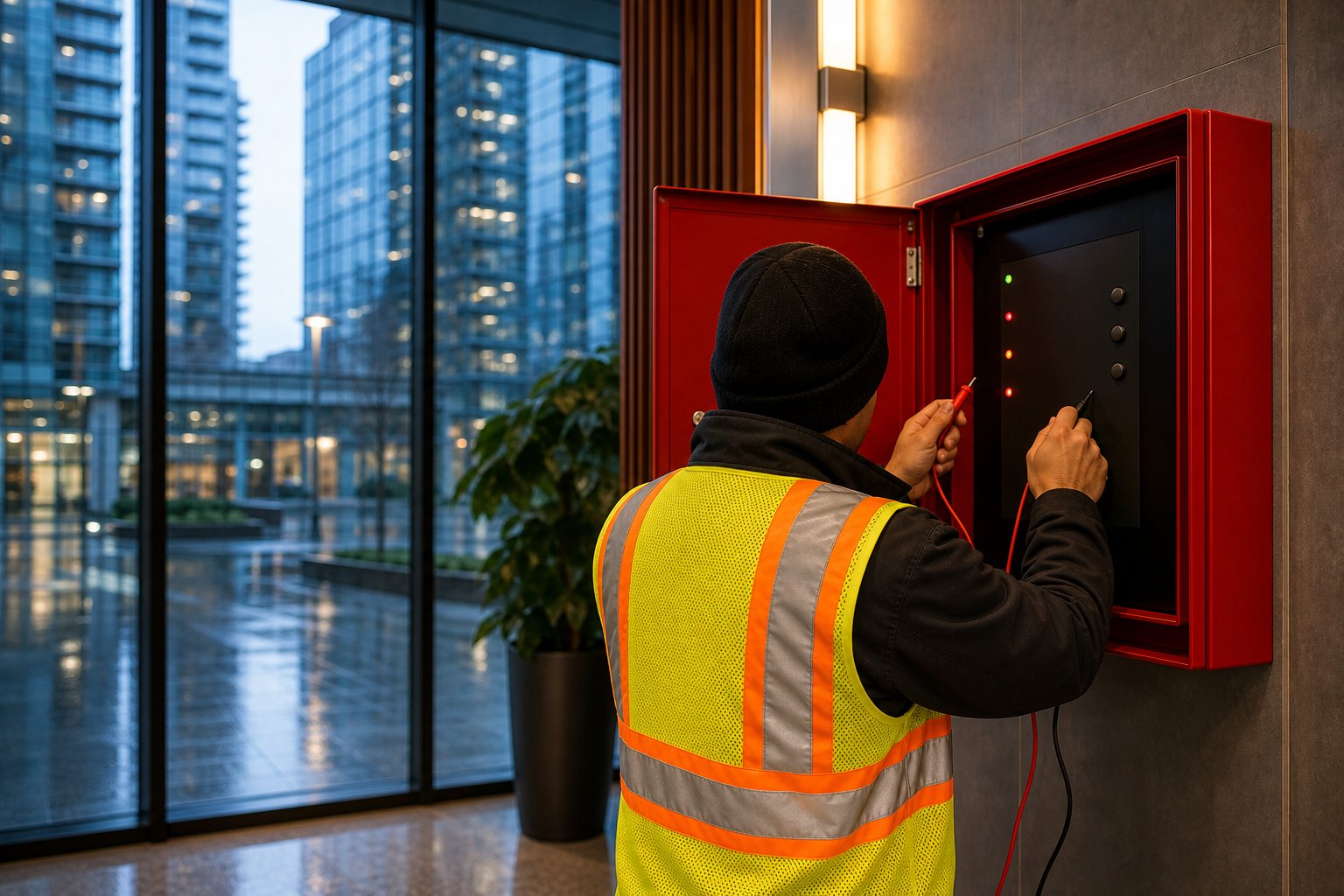 Fire alarm technician testing a control panel in a Vancouver high-rise lobby