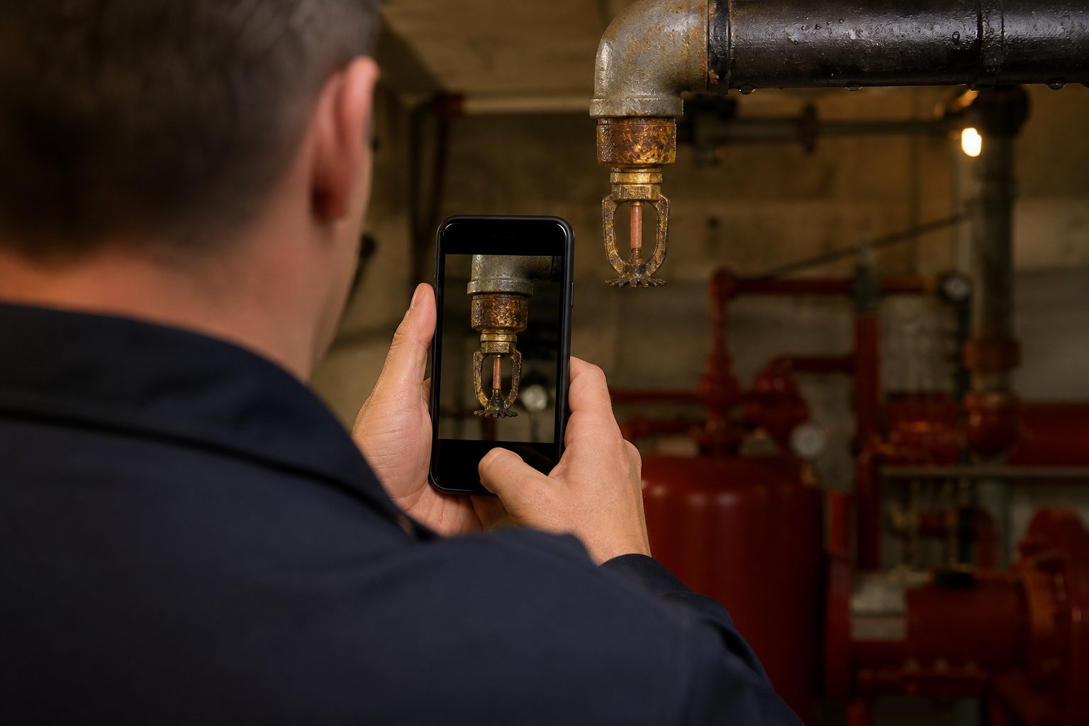 Technician photographing a corroded sprinkler head during an inspection
