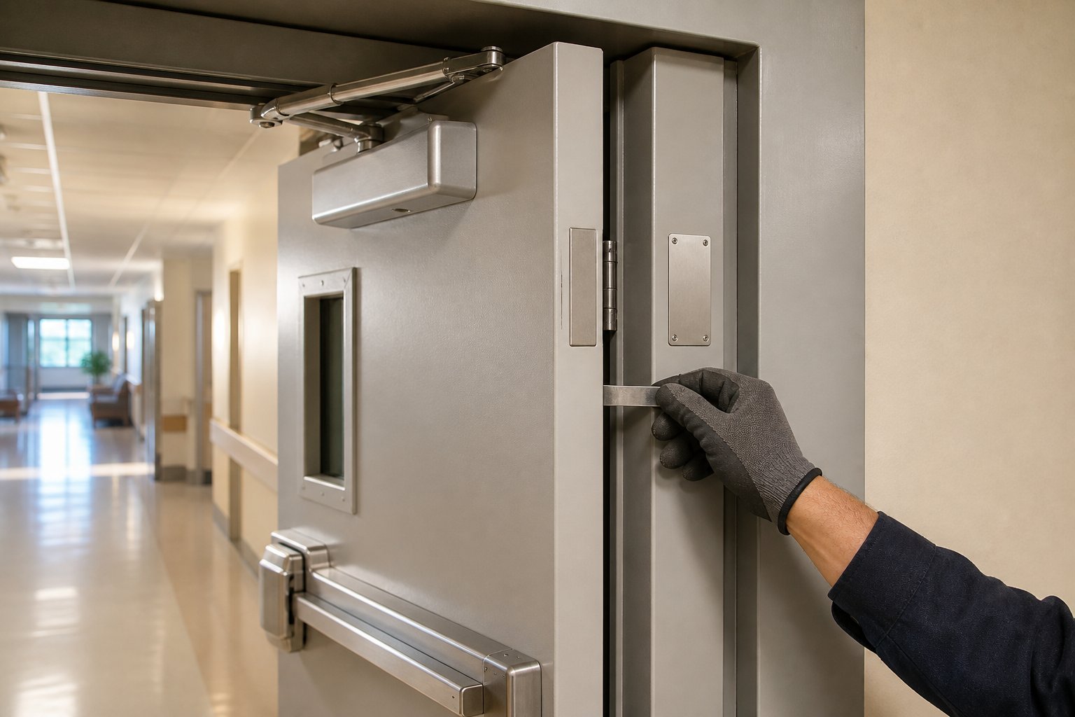Technician checking the clearance gap on a steel fire door with an overhead closer