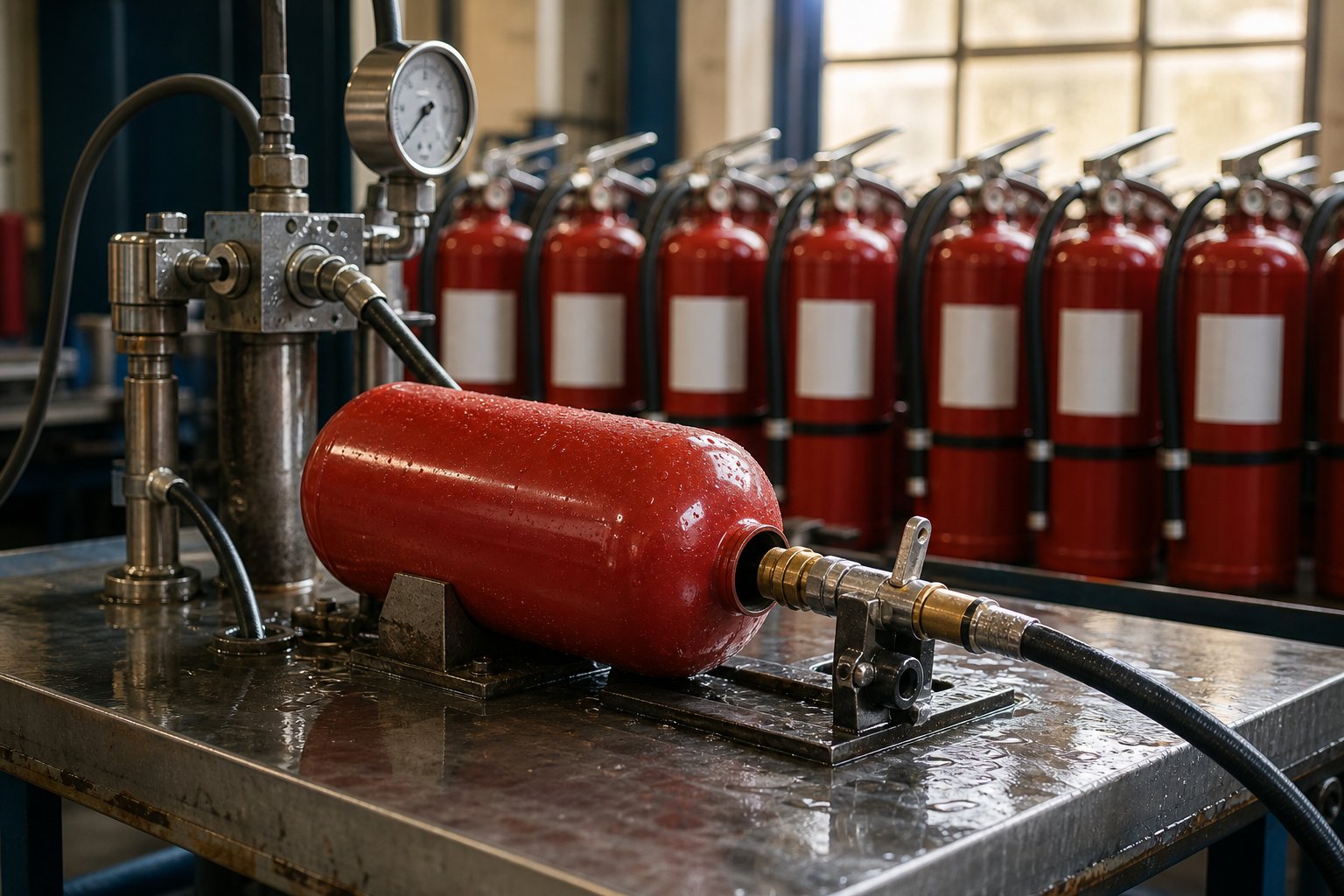 Fire extinguisher cylinder connected to a hydrostatic test rig with assembled extinguishers behind
