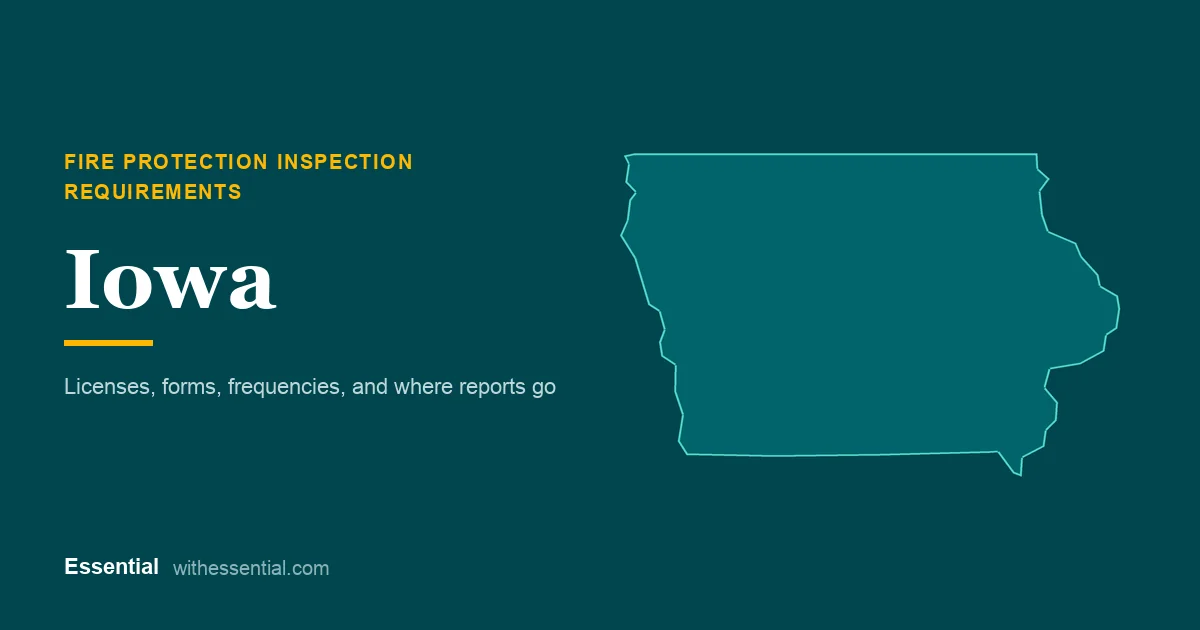 Outline map of Iowa with the title Fire Protection Inspection Requirements