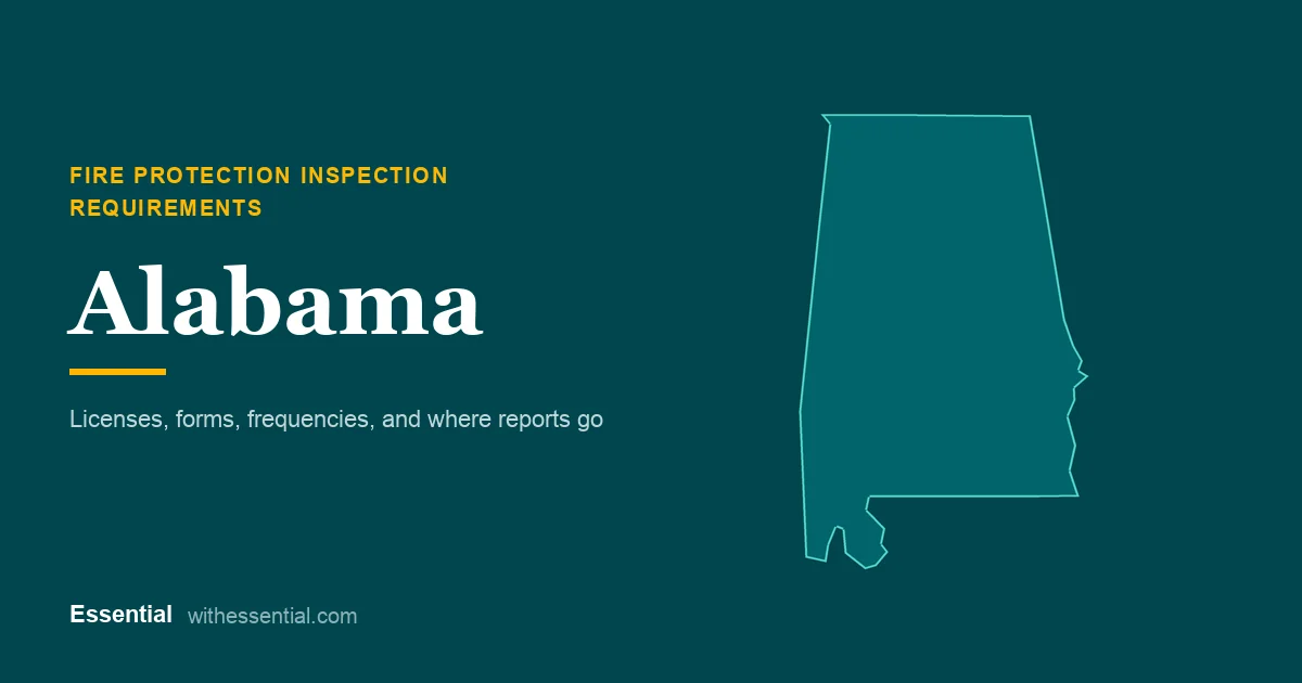 Outline map of Alabama with the title Fire Protection Inspection Requirements