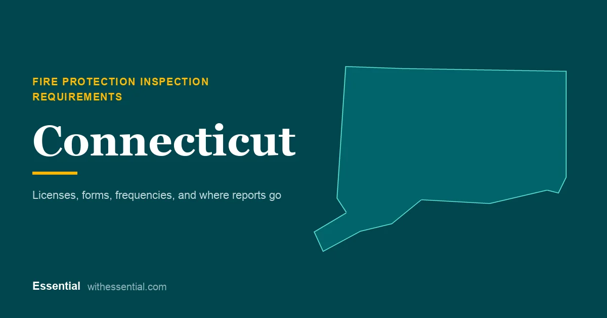 Outline map of Connecticut with the title Fire Protection Inspection Requirements