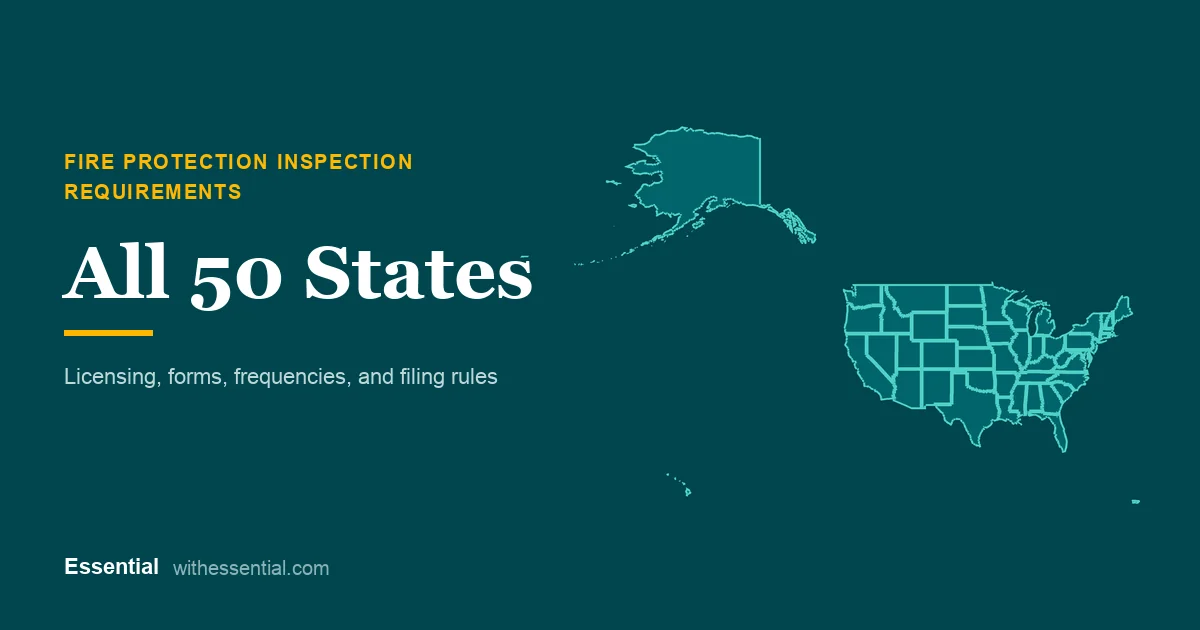 Map of the United States with the title Fire Protection Inspection Requirements, All 50 States