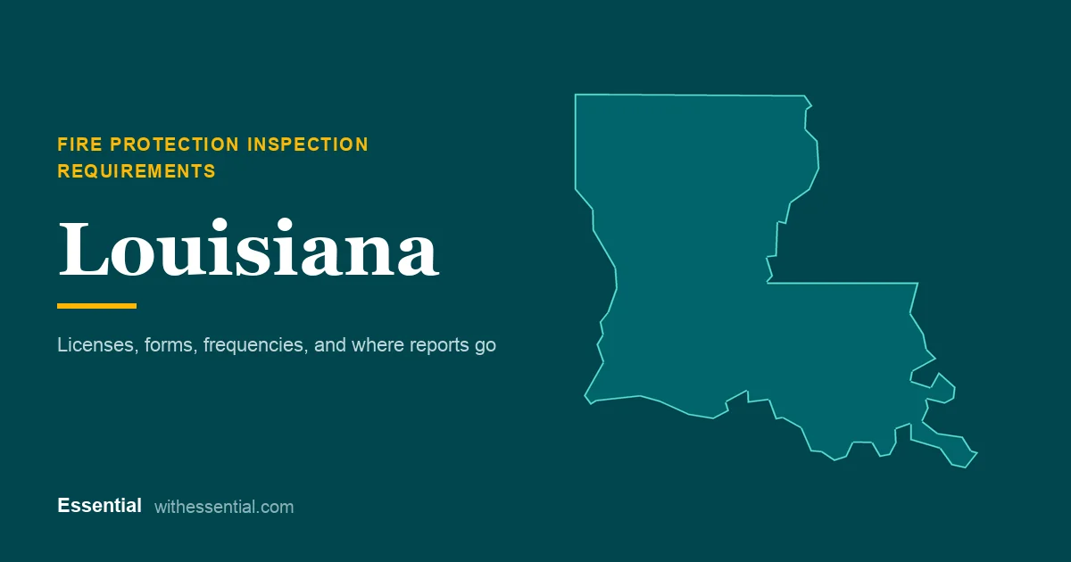 Outline map of Louisiana with the title Fire Protection Inspection Requirements