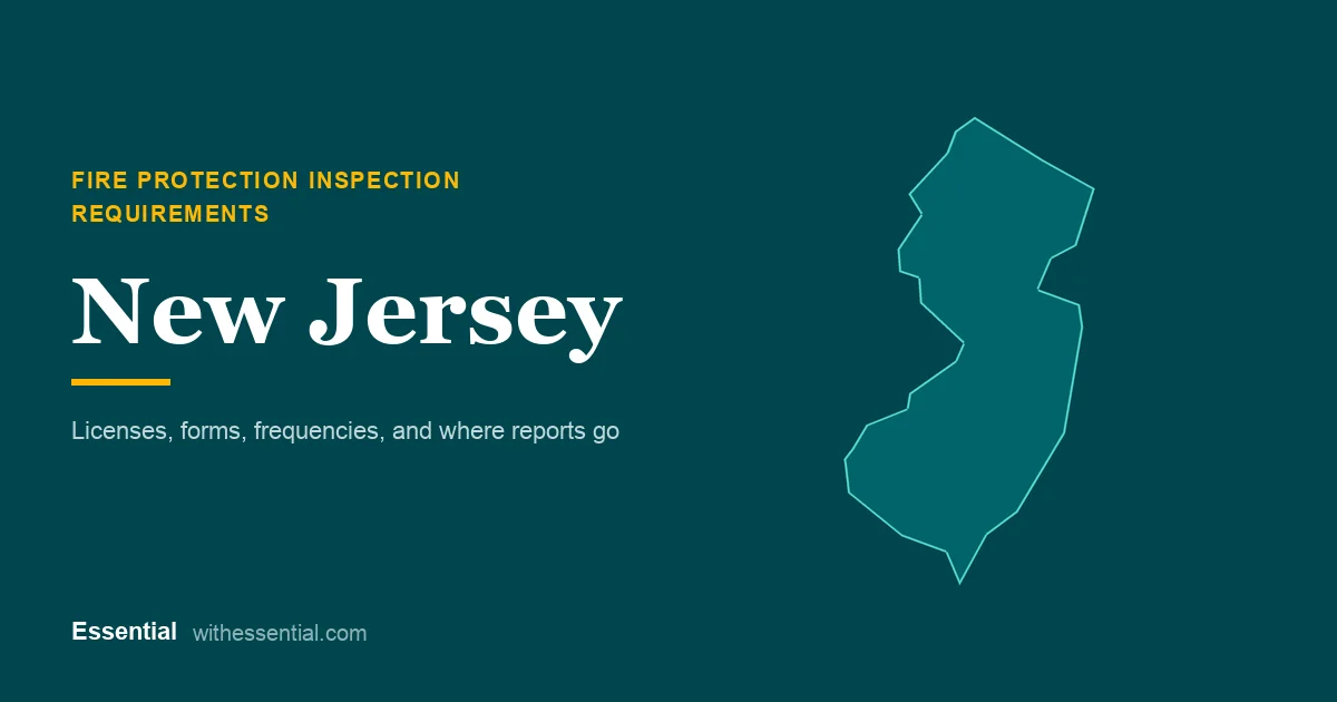 Outline map of New Jersey with the title Fire Protection Inspection Requirements