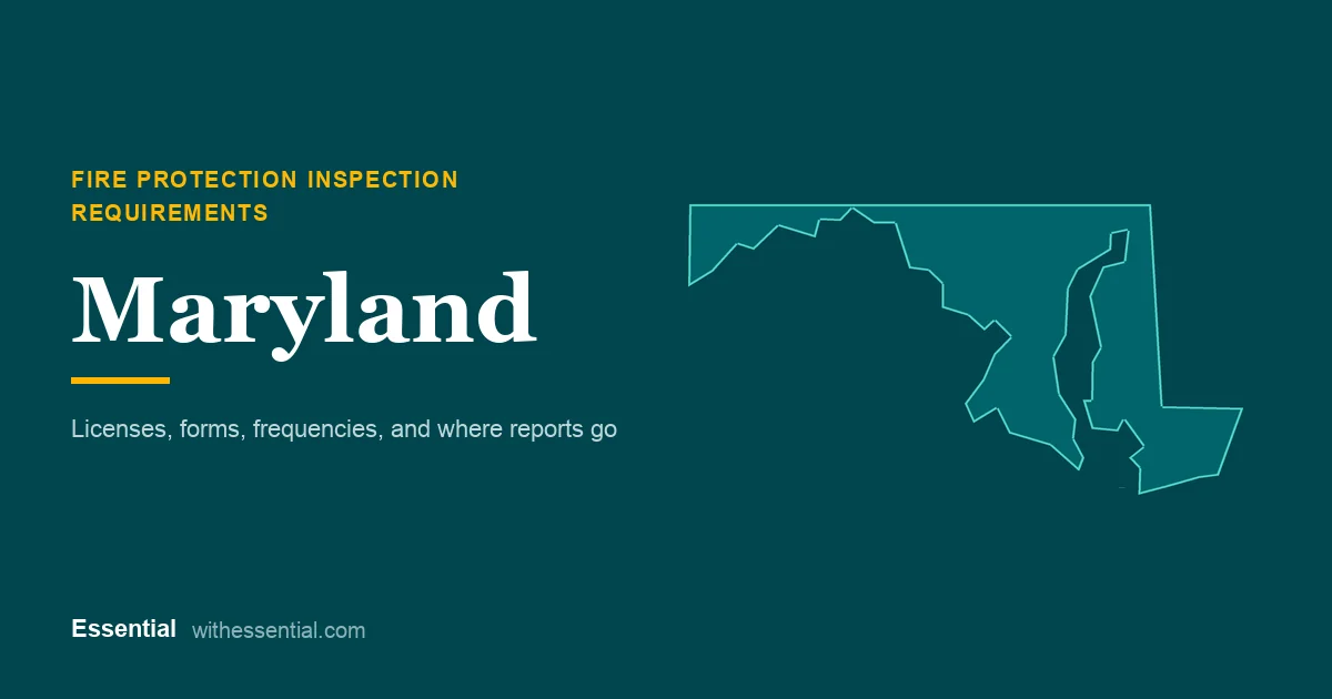 Outline map of Maryland with the title Fire Protection Inspection Requirements