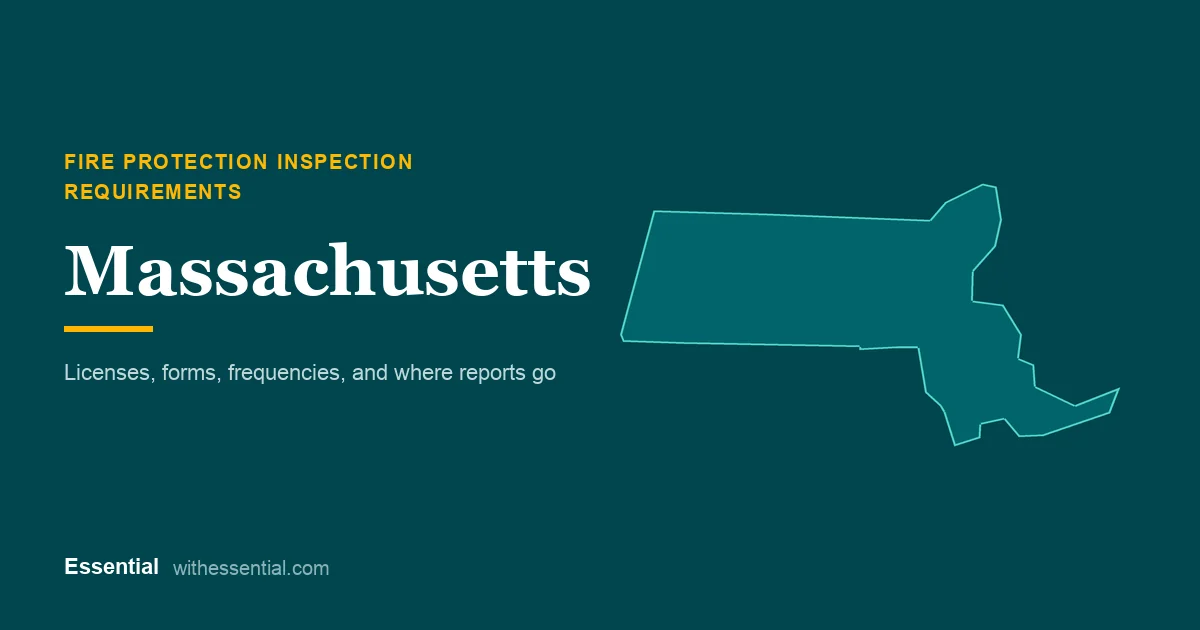 Outline map of Massachusetts with the title Fire Protection Inspection Requirements