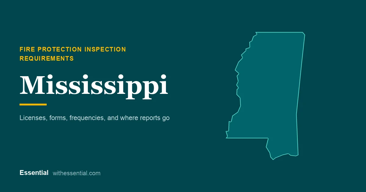 Outline map of Mississippi with the title Fire Protection Inspection Requirements